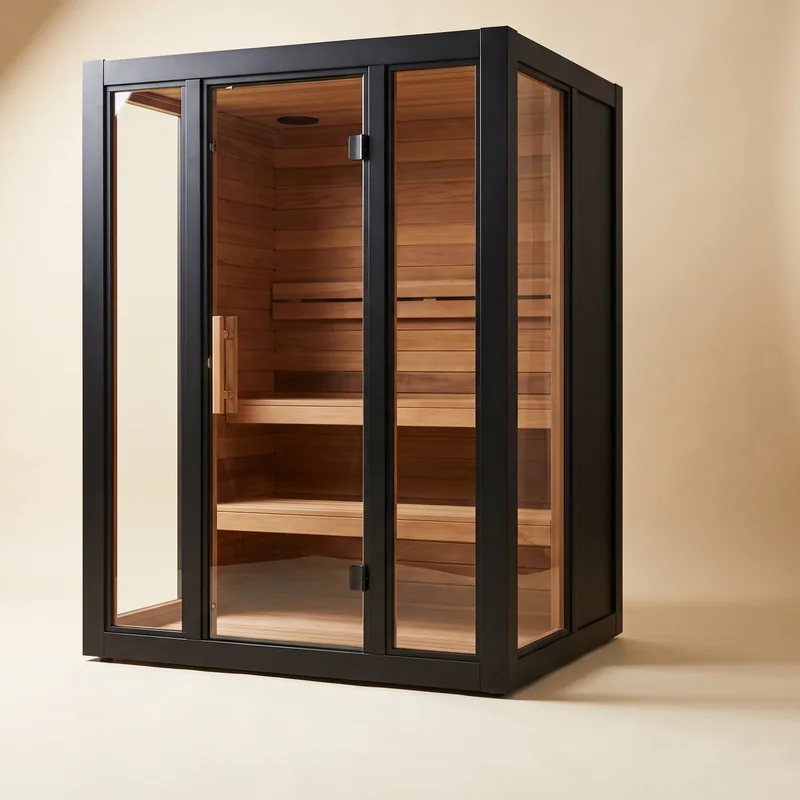 Planned glass-and-cedar dry sauna