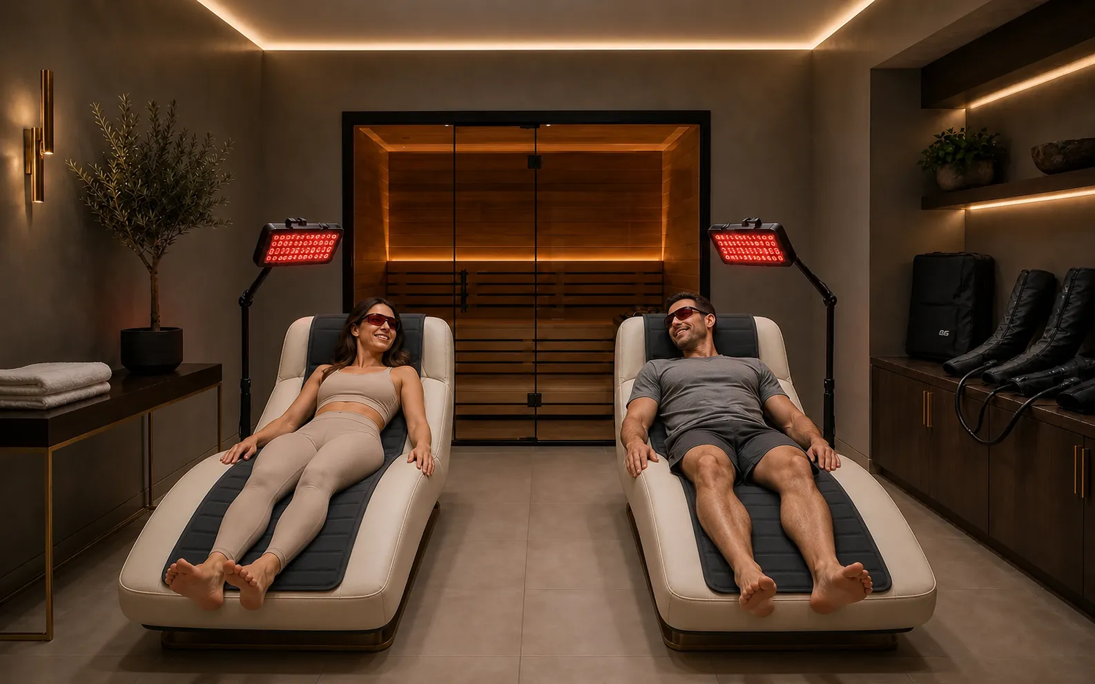 Two adult models relaxing on separate premium loungers beneath separate red-light panels in the planned two-lounger Newmarket suite