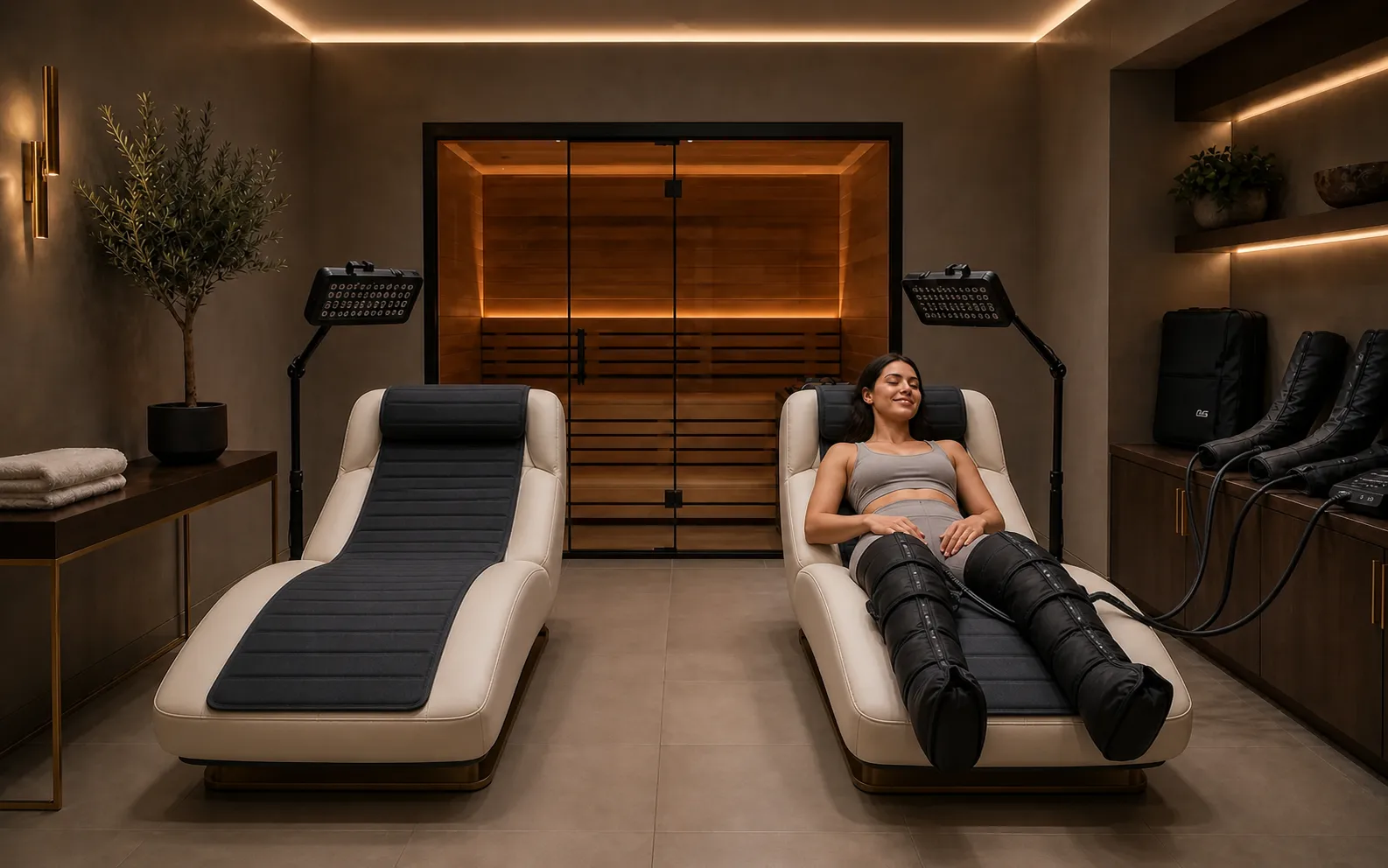 Adult female model reclining in the planned premium suite while using pneumatic compression boots connected to the right-side controller