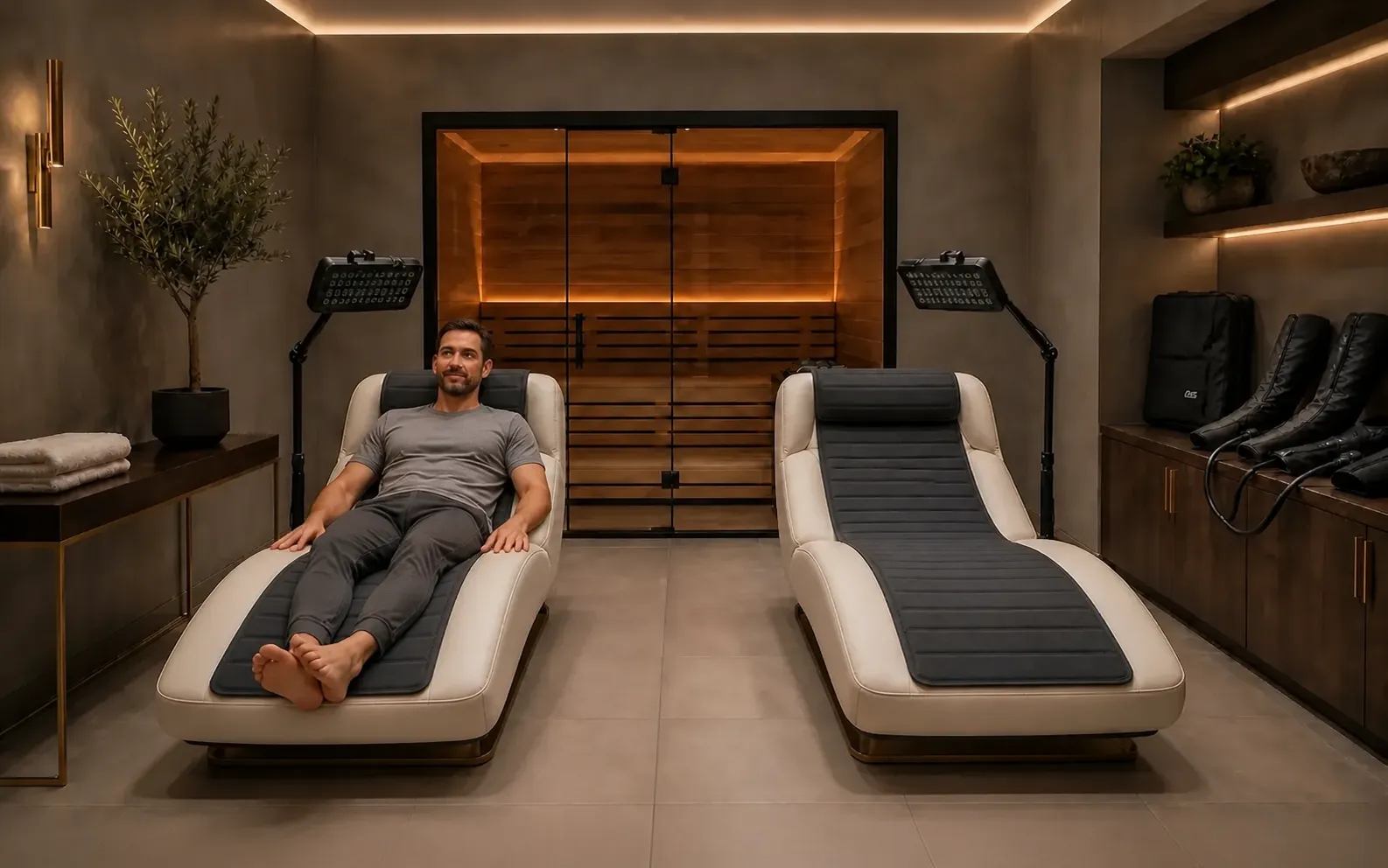Adult male model relaxing on a premium zero-gravity lounger with a charcoal PEMF cover spanning the chair surface