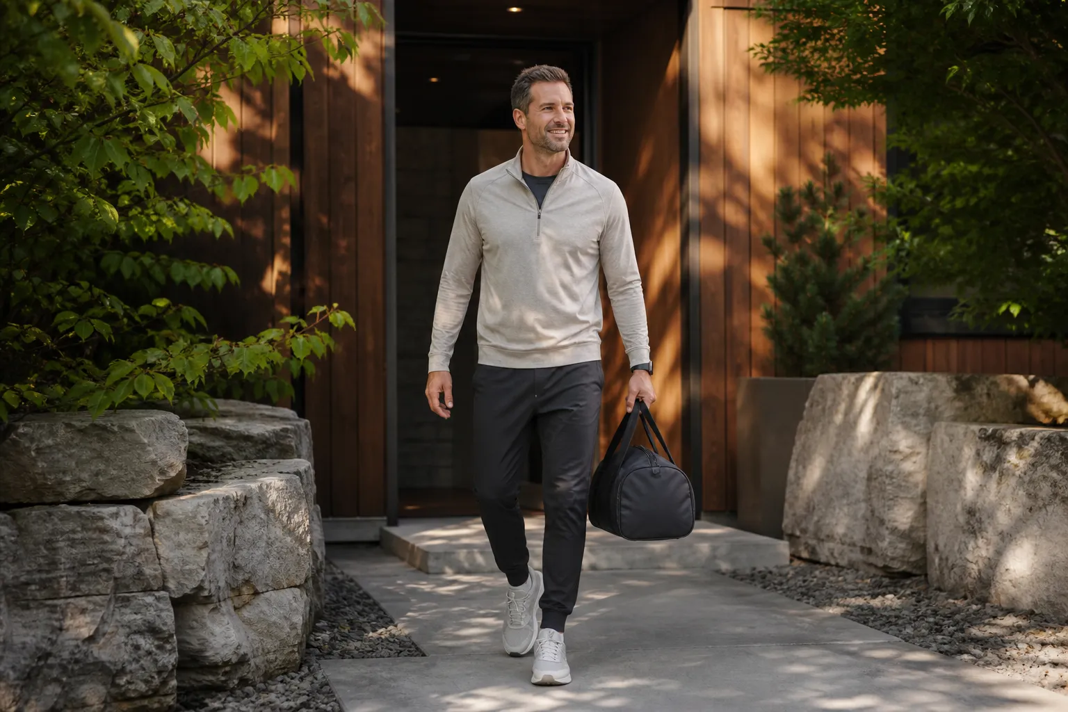 A relaxed active man leaving a warm premium wellness studio with a gym bag