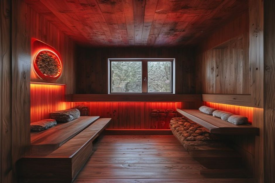 Dry sauna interior with heater stones and warm cedar glow